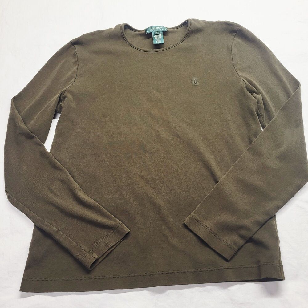 Lauren Ralph Lauren T Shirt Long Sleeve Round Neck Army Green LG 100% Cotton